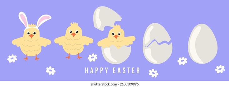 Easter chick. Cute Chicken cracking from egg shell wearing easter bunny ears. Vector illustration