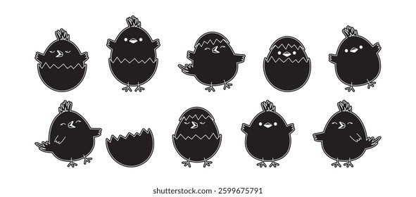 Easter chick, cute chicken and egg shell, cartoon baby bird hatch, funny animal character, spring small kid hen, black silhouette sticker set isolated on white background. Simple vector illustration