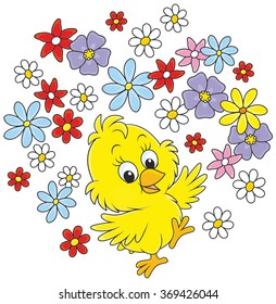 Easter Chick dancing with flowers