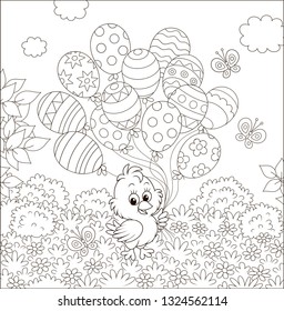 Easter Chick with decorated balloons on a lawn among flowers on a sunny spring day, black and white vector illustration in a cartoon style for a coloring book