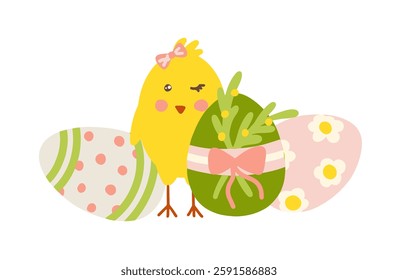 Easter chick with decorated eggs cute spring holiday illustration vector