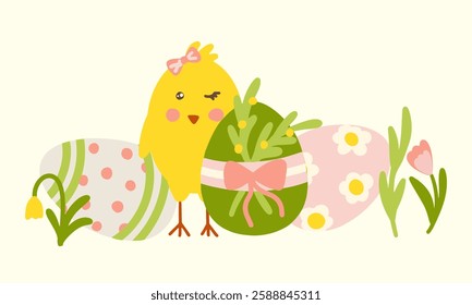 Easter chick with decorated eggs and spring flowers vector illustration