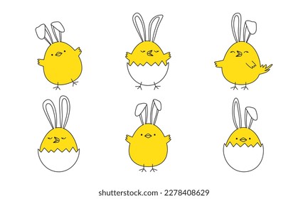 Easter chick with ears bunny, chicken egg cute rabbit doodle, cartoon yellow character line vector icon, Easter egg hunt drawing. Animal illustration