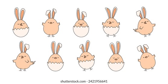 Patata de Pascua con conejito de orejas, huevo de pollo lindo conejo doodle, personaje de dibujos animados icono vector, dibujo de la caza de huevos de Pascua. Colores de melocotón de la ilustración de animales de vacaciones 2024