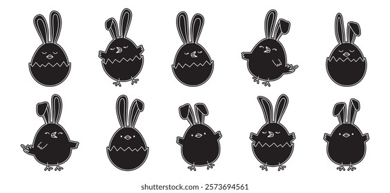 Easter chick with ears bunny, chicken eggs shell cute rabbit doodle, cartoon character black icon, Easter egg hunt, animal sticker. Holiday vector illustration