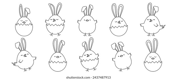 Easter chick with ears bunny line art, chicken egg cute rabbit doodle, cartoon character outline design, Easter egg hunt drawing. Animal vector icon. Child celebration illustration