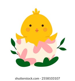 Easter chick in egg. Cute cartoon character. Flat vector illustration isolated on white background.