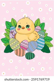 Easter Chick Egg and Leaves Vector