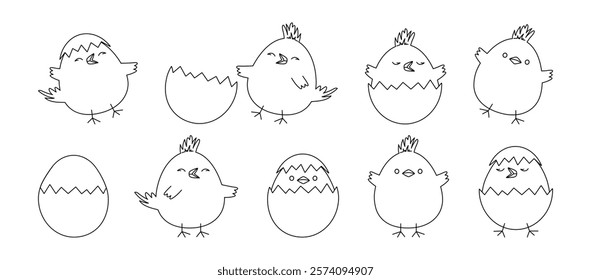 Easter chick and egg line icon, cartoon children bird, cute small chicken hatch, spring little characters black outline design isolated on white background. Animal vector illustration