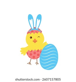 easter chick in egg shell with rabbit ears on isolated on white background, colorful vector illustration