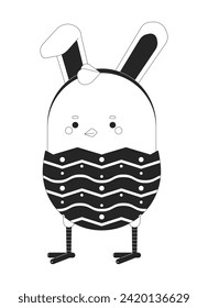 Easter chick egg wearing bunny ears black and white 2D illustration concept. Funny baby chicken rabbit ears cartoon outline character isolated on white. Eastertime happy metaphor monochrome vector art