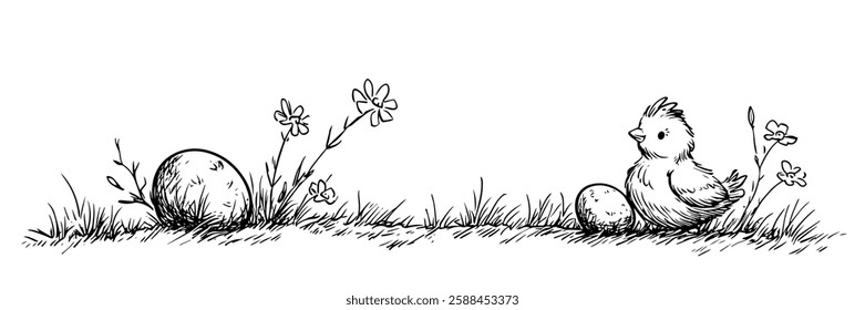 easter chick with eggs in the grass, hand-drawn sketch