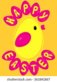 Easter chick eggs. Inscription Happy Easter