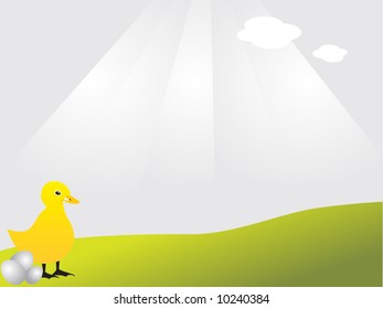 easter chick with eggs on grass vector illustration abstract background