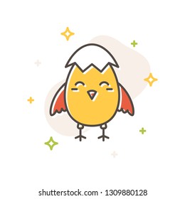 Easter chick eggshell concept in flat cartoon style. Filled outline icon design. Spring time simple sign. Cute color symbol. Print, poster, banner, card design. Vector Illustration isolated on white