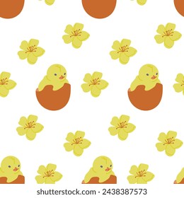 Easter chick in eggshell with flowers seamless pattern. Flat hand drawn colored elements on white background. Unique retro print design for textile, wallpaper, interior, wrapping