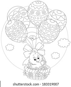 Easter Chick flies in a basket with holiday balloons