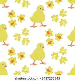 Easter chick with flowers seamless pattern. Flat hand drawn colored elements on white background. Unique retro print design for textile, wallpaper, interior, wrapping. Easter holiday concept