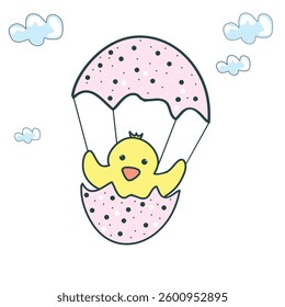 The Easter chick is flying in a balloon made of eggshell