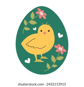 Easter chick hand drawn in Egg silhouette. Decorative element for cards and posters with Spring flowers.