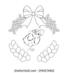 Easter chick in hat vector illustration outline on the white background.