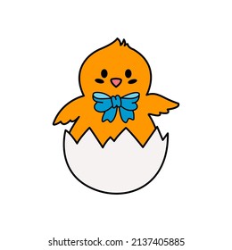 An Easter Chick hatching from an egg. Cute hand drawn vector illustration. Isolated white background. For Easter decor, cutouts, invitations and postcards