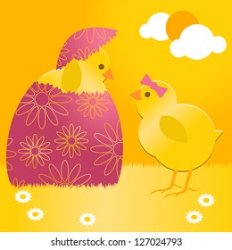 An Easter chick hiding in an Easter egg. The AI10 eps vector file contains gradients for sky, grass, chicks and egg.