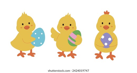 Easter chick holding colored eggs vector