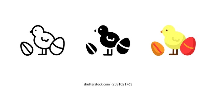 Easter chick icon. Baby bird with eggs sign. Traditional Easter celebration symbol. Fluffy hatchling near decorated eggs pictogram. Festive spring holiday illustration.