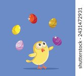 
Easter Chick Juggling Colorful Eggs Vector Cartoon illustration. Cheerful design of a baby chicken playing with Easter eggs 
