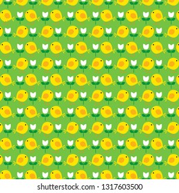 Easter chick pattern with tulips on green background