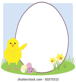 Easter chick pointing to a blank egg shaped sign.