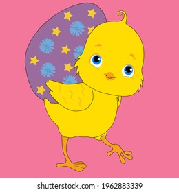 Easter Chick. Easter poster, background or card with cute Chicken with Easter Egg. Cartoon vector illustration.