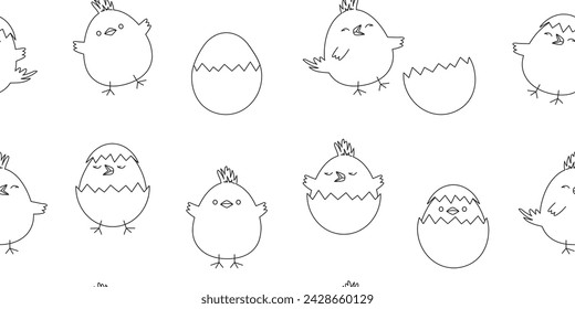 Easter chick seamless pattern, chicken egg background thin line art, funny baby bird outline design, cute little animal print. Cartoon linear bg. Vector illustration