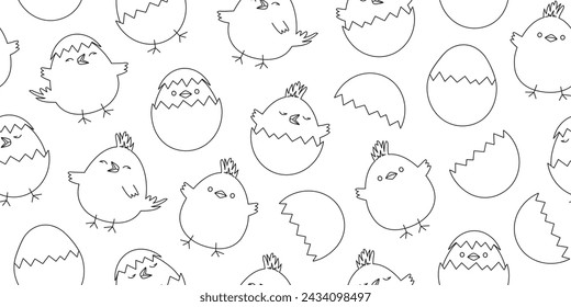 Easter chick seamless pattern, chicken egg background line art, funny baby bird outline design, cute little animal print. Cartoon black and white bg. Vector illustration