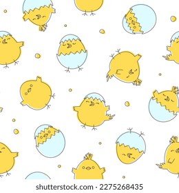 Easter chick seamless pattern, cute baby chicken egg background, young yellow bird print, cartoon funny  farm textile, animal character. Spring bg. Vector illustration