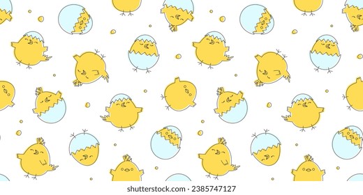 Easter chick seamless pattern, cute baby chicken egg background, young yellow bird print, cartoon funny farm textile, animal character. Spring holiday bg. Vector illustration