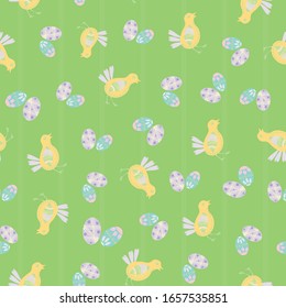 Easter chick seamless vector pattern background. Cute decorated folk art bird and eggs illustration. Scandinavian style baby chickens and spring symbols backdrop. Christian lent celebration concept.