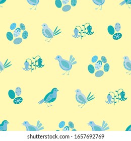 Easter chick seamless vector pattern background. Decorated folk art bird,egg, bluebell illustration. Scandinavian style baby chickens and spring symbols backdrop. Christian lent celebration concept.