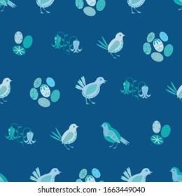 Easter chick seamless vector pattern background. Decorated bird and egg folk art. Scandinavian style baby chickens monochrome blue backdrop. Avian all over print. Christian celebration spring concept.