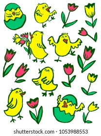 Easter chick set. Floral collection with spring chicken and tulips. Vector illustration in doodle children style