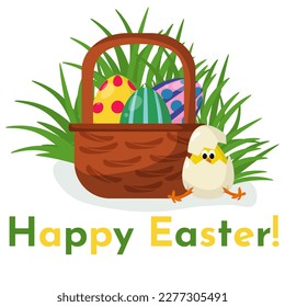 Easter chick in a shell sits next to a basket with patterned eggs in the grass vector illustration