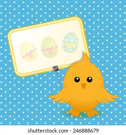 Easter Chick and Sign on Blue Polka Dot Background 