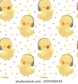 Easter chick sings song. Seamless pattern with easter elements.