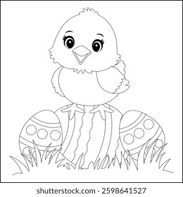 Easter chick is standing on the eggs for kids
