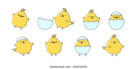 Easter chick vector icon, cartoon chicken baby and egg, cute little bird, yellow funny animal set isolated on white background. Simple drawing illustration