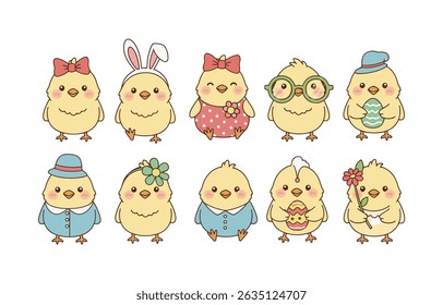 Pascal Chick Vetor Set, Bebê de Desenho Animado Bonito Pintos com Acessórios de primavera. Ilustração vetorial