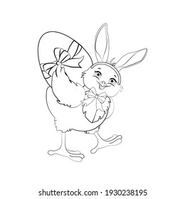 Easter chick wearing bunny ears outline on the white background. Vector illustration