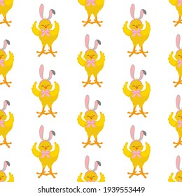 Easter chick wearing bunny ears seamless pattern on the white background. Vector illustration