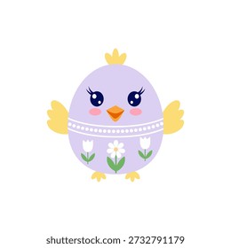 Pinto de Páscoa com flores brancas e grandes olhos azuis. Ilustração de personagem de pássaro Kawaii para férias de primavera e decoração de berçário.